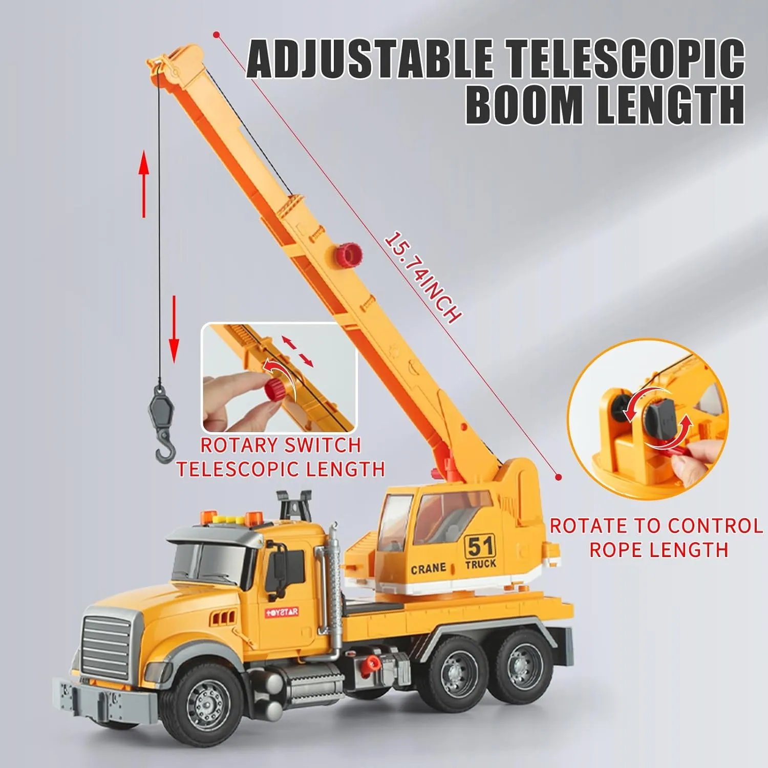 Arm Rotation Various Props Buttons and Lights Sounds for Kids Age 3-7 Boys Girls (Crane Truck) ephemeral endless upsurge campus destination quality 15" Construction Crane Truck Lights Sounds Toys with Extending 
