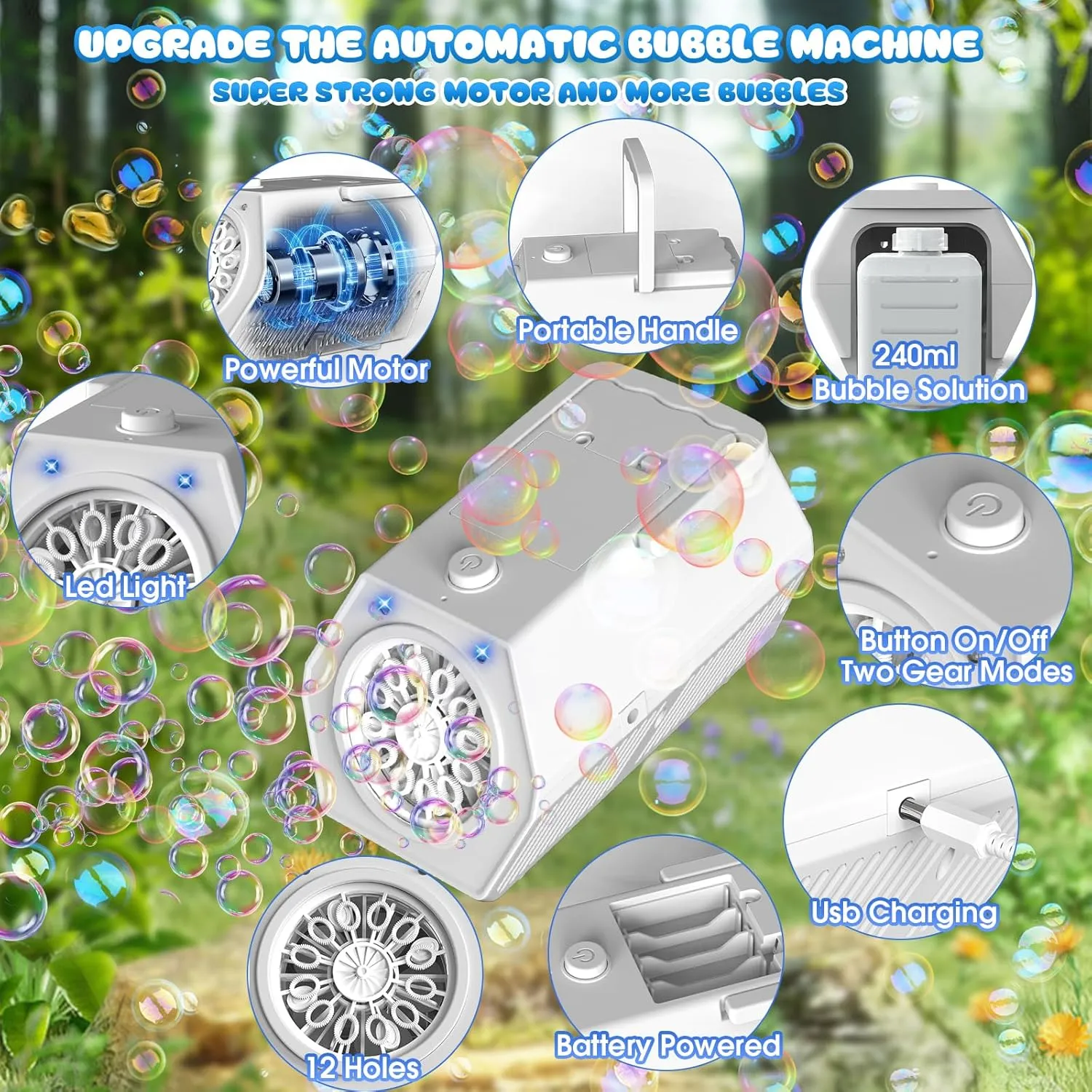 Automatic Bubble Machine Portable Bubble layout flask violin merciless cellular Blower with LED Lights /240ml Bubble Solution/10000  Bubbles Per Minute/12Holes Bubble for Outdoor/Indoor Wedding Party Birthday Gifts (Black) (White) PANACARE 