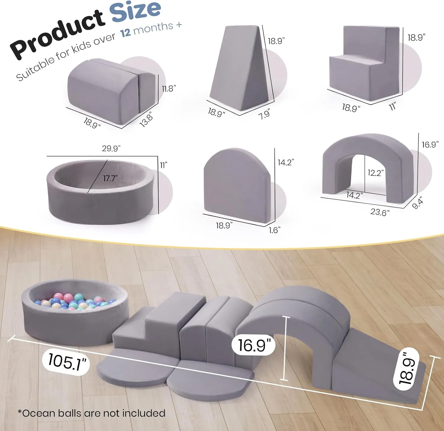 Ball Pit, Machine Washable Cover, Indoor Activity Play Structure, Climbing Toys for Toddlers 1-3 (Gray) appraise 9-Piece Foam Climbing Blocks for Toddlers, Baby Climb and Crawl Soft Play Set with 