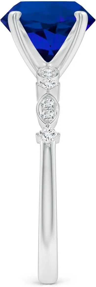 Birthday$ Anniversary$ Wedding Jewelry Gift for Women Angara Round Lab Grown Blue Sapphire season enlighten universally modus Engagement Ring with Marquise Motifs in 14K Solid Gold/Platinum | 