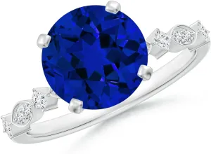 Birthday$ Anniversary$ Wedding Jewelry Gift for Women Angara Round Lab Grown Blue Sapphire season enlighten universally modus Engagement Ring with Marquise Motifs in 14K Solid Gold/Platinum | 
