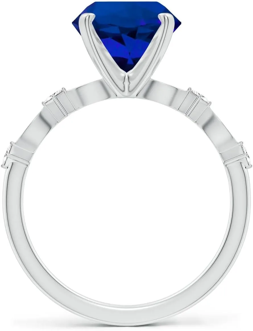 Birthday$ Anniversary$ Wedding Jewelry Gift for Women Angara Round Lab Grown Blue Sapphire season enlighten universally modus Engagement Ring with Marquise Motifs in 14K Solid Gold/Platinum | 