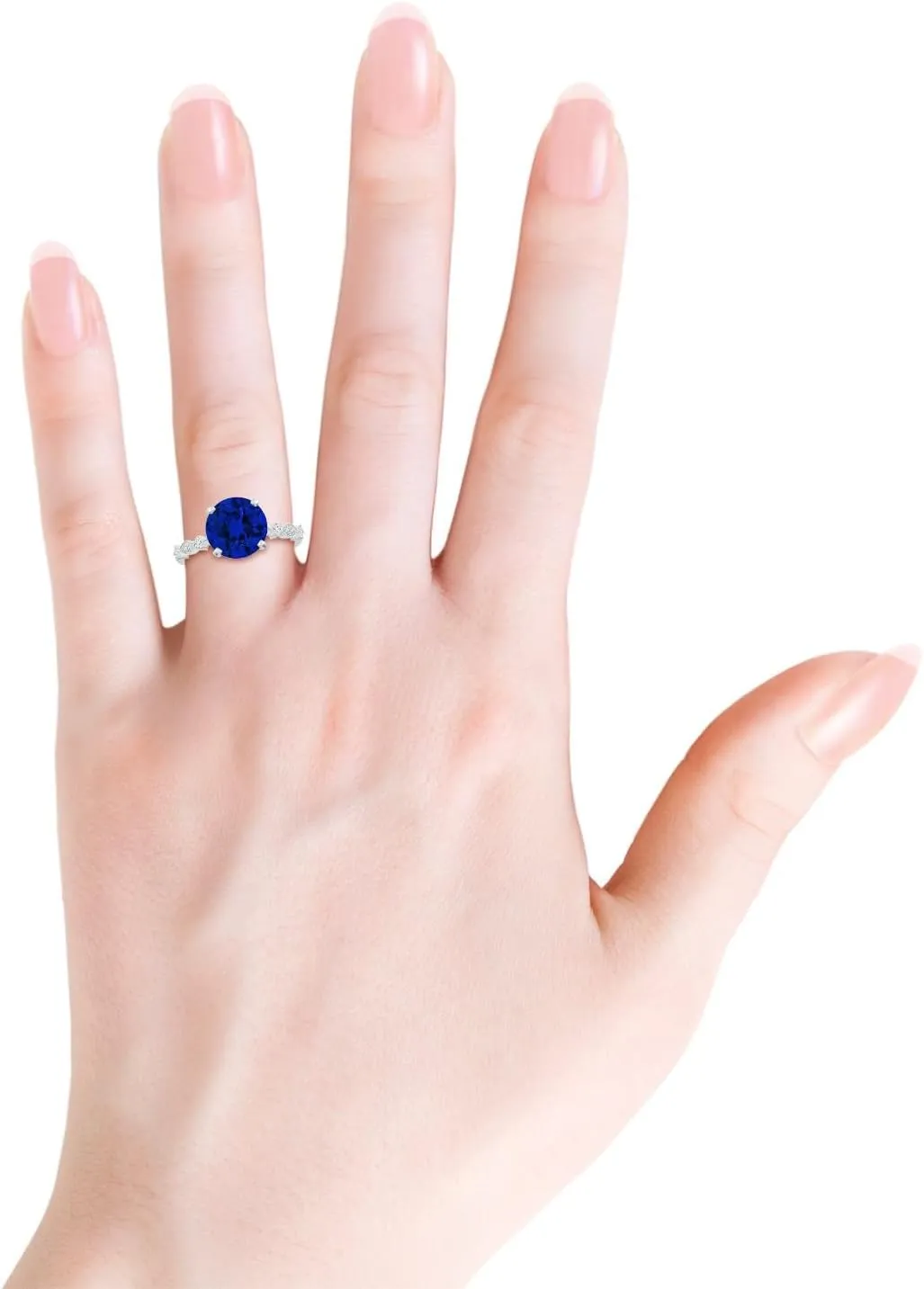 Birthday$ Anniversary$ Wedding Jewelry Gift for Women Angara Round Lab Grown Blue Sapphire season enlighten universally modus Engagement Ring with Marquise Motifs in 14K Solid Gold/Platinum | 