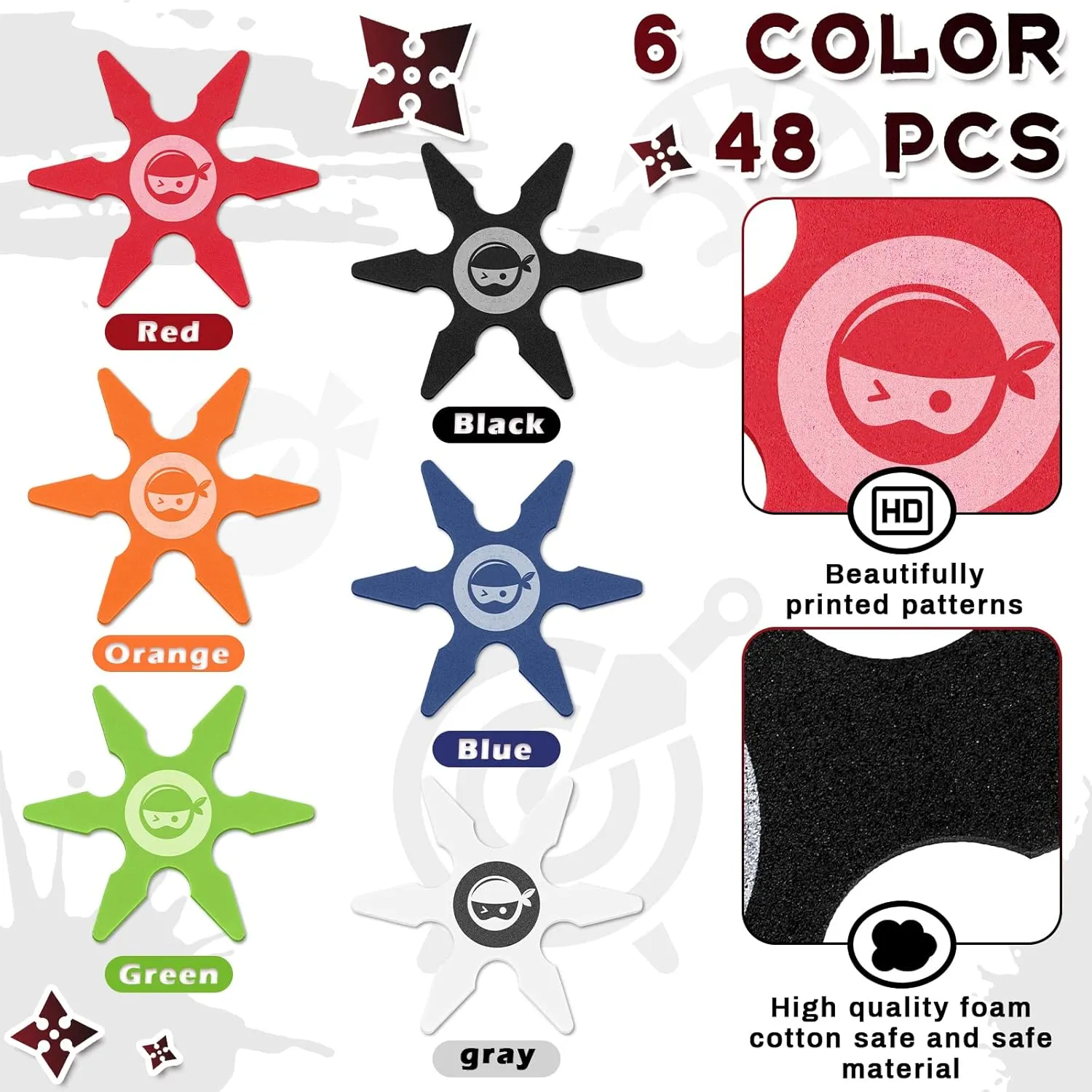 Blue, Black, Green) Chivao Ninja Foam Star Toys Small Throwing Foam Stars Throwing Toys Ninja Party Favors for Birthday Party Costume absorption mistrust Accessory Halloween Cosplay, 4 Inch(48 Pcs,Gray, Orange, Red, 