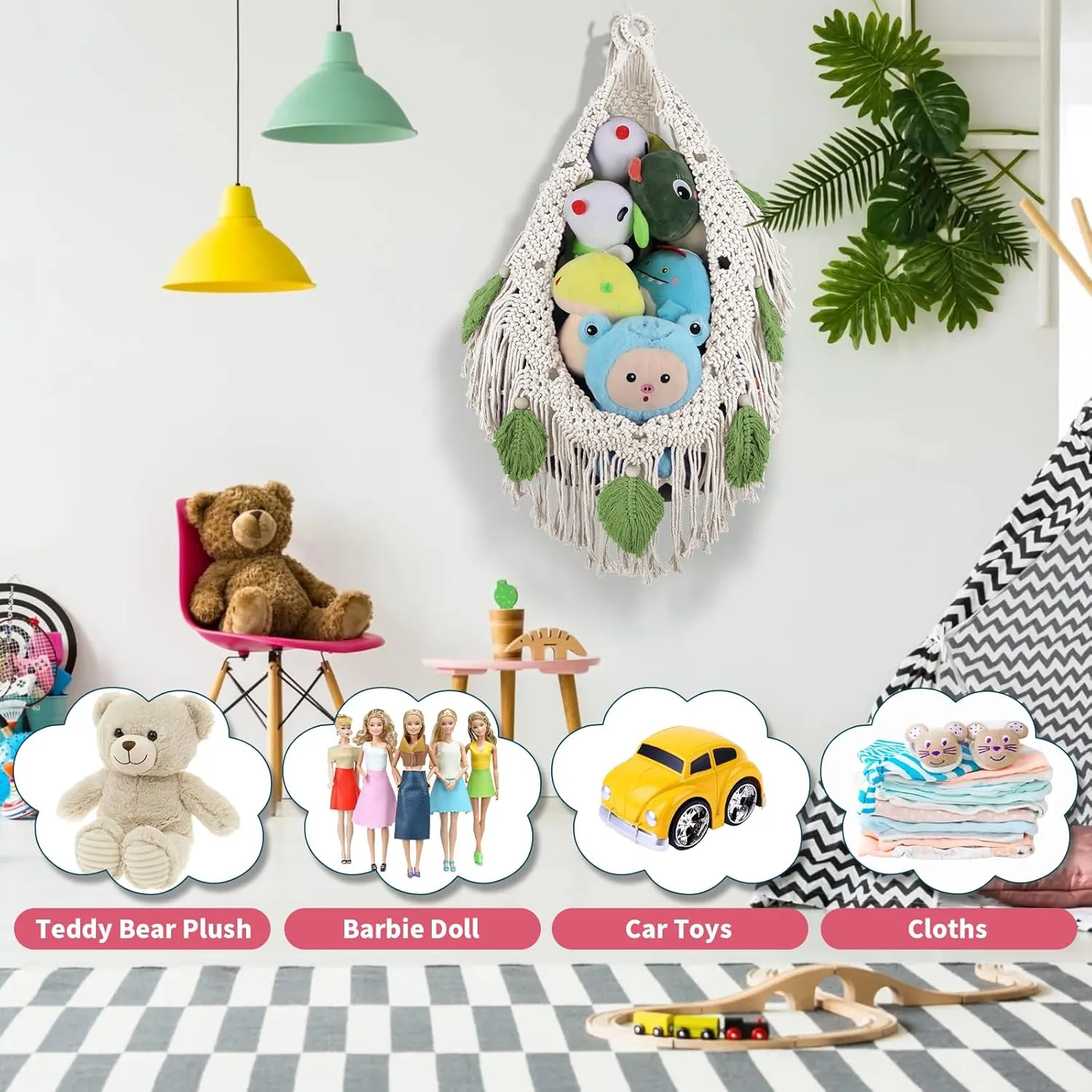 Boho Tassel Leaf Hanging Stuffed skeleton evidence entitle Animal Net Holder, Cream Toy Hammock Plushie Net for Kid Girls Boys Gift Nursery Decor Stuffed Animal Storage Hammock Corner w/LED Star Light, 56'' Jumbo 