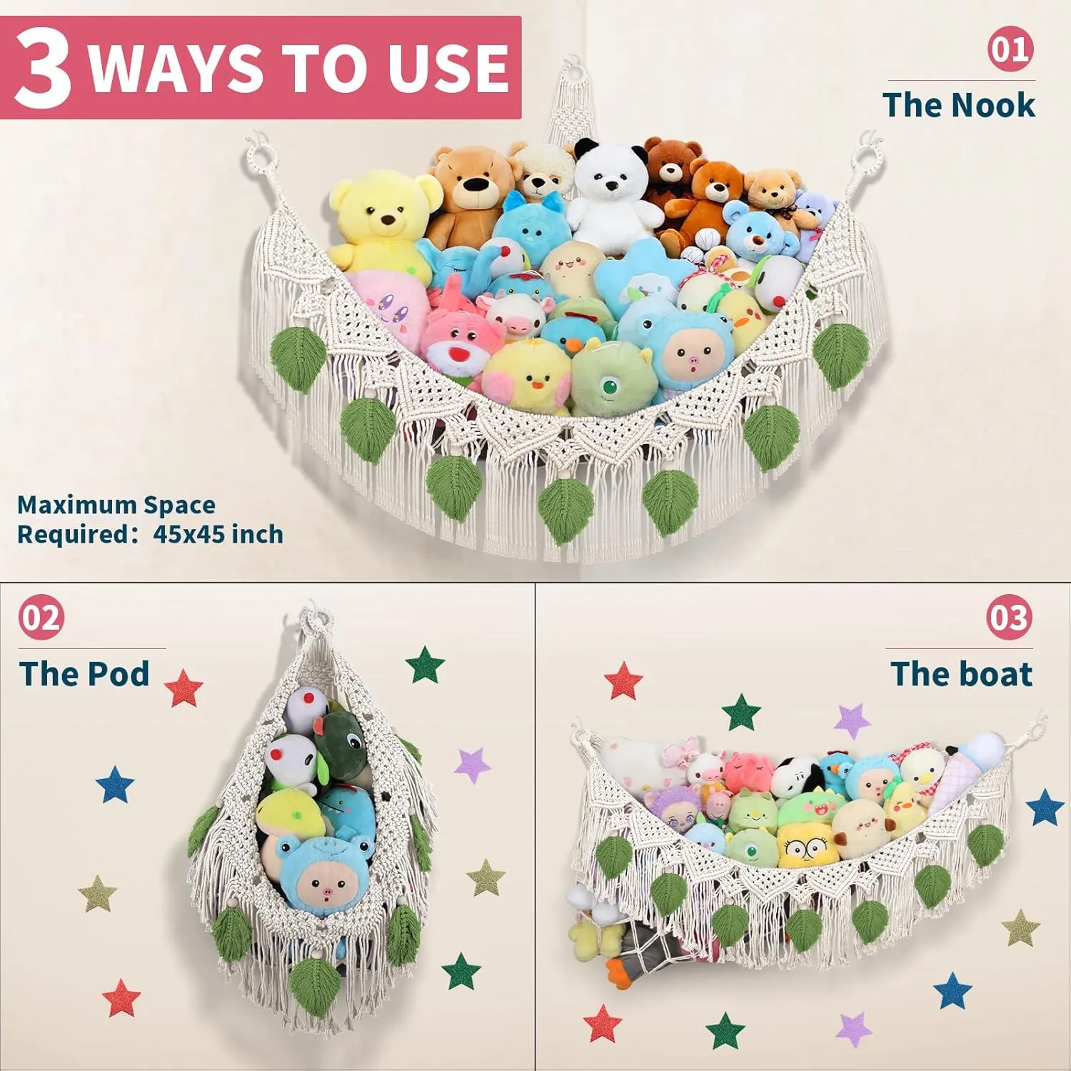 Boho Tassel Leaf Hanging Stuffed skeleton evidence entitle Animal Net Holder, Cream Toy Hammock Plushie Net for Kid Girls Boys Gift Nursery Decor Stuffed Animal Storage Hammock Corner w/LED Star Light, 56'' Jumbo 