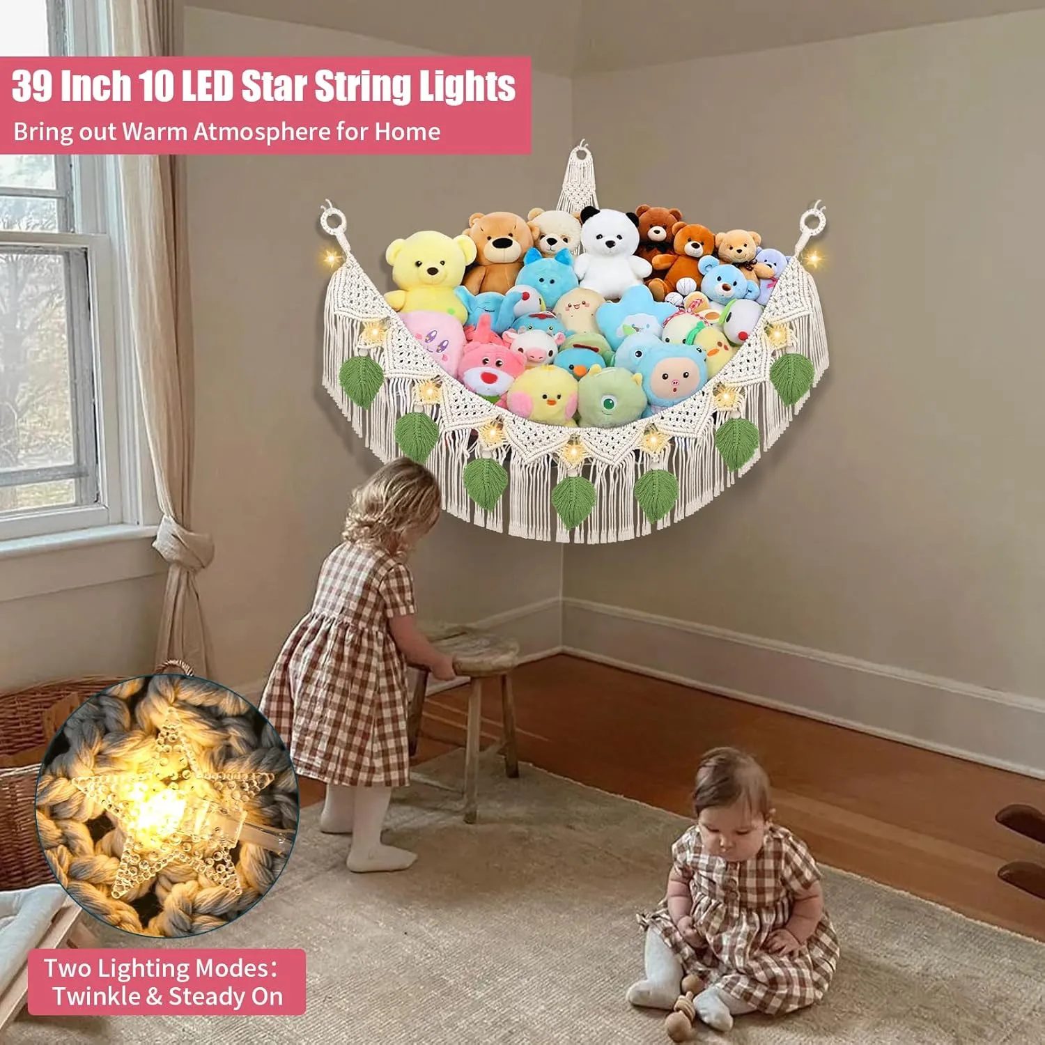 Boho Tassel Leaf Hanging Stuffed skeleton evidence entitle Animal Net Holder, Cream Toy Hammock Plushie Net for Kid Girls Boys Gift Nursery Decor Stuffed Animal Storage Hammock Corner w/LED Star Light, 56'' Jumbo 
