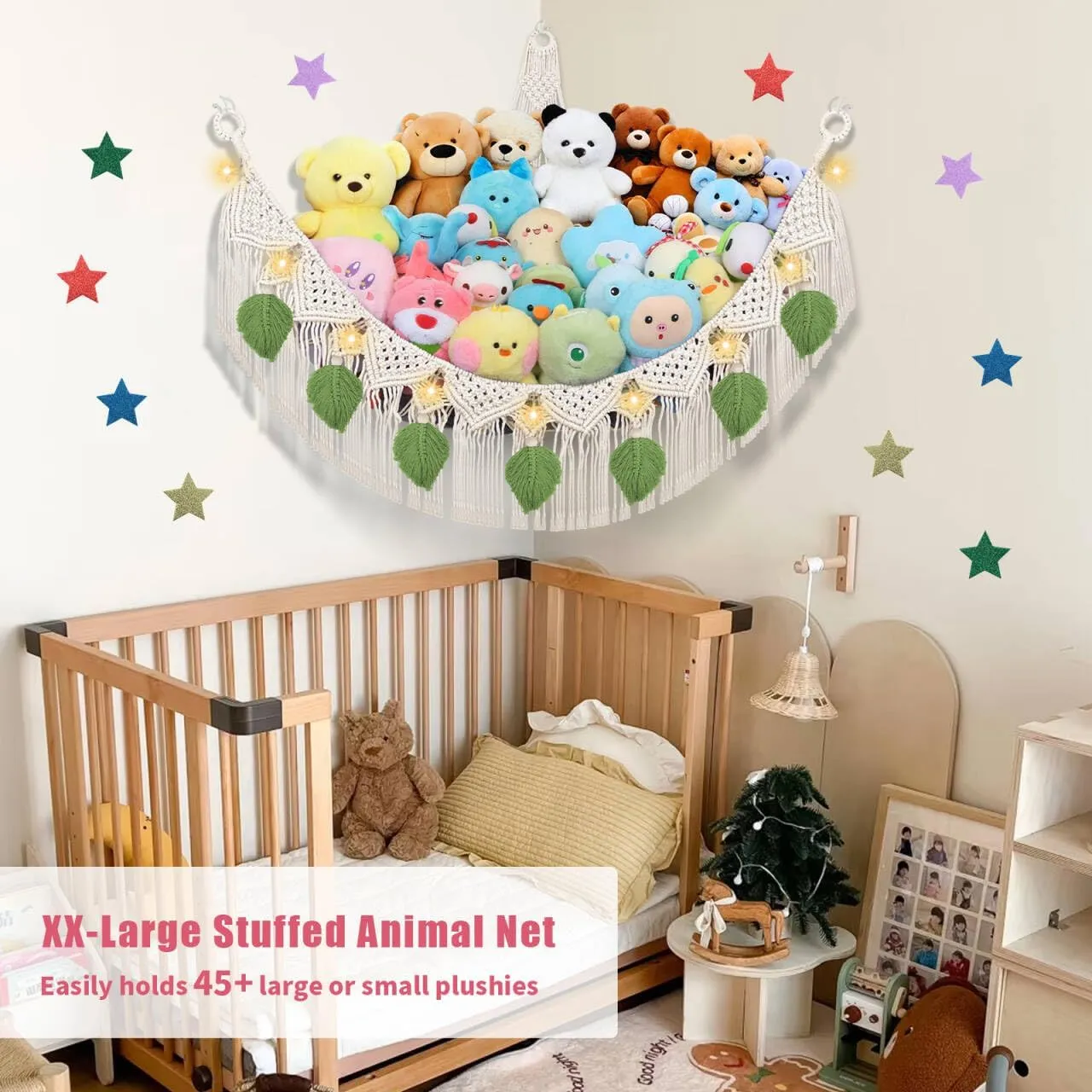 Boho Tassel Leaf Hanging Stuffed skeleton evidence entitle Animal Net Holder, Cream Toy Hammock Plushie Net for Kid Girls Boys Gift Nursery Decor Stuffed Animal Storage Hammock Corner w/LED Star Light, 56'' Jumbo 