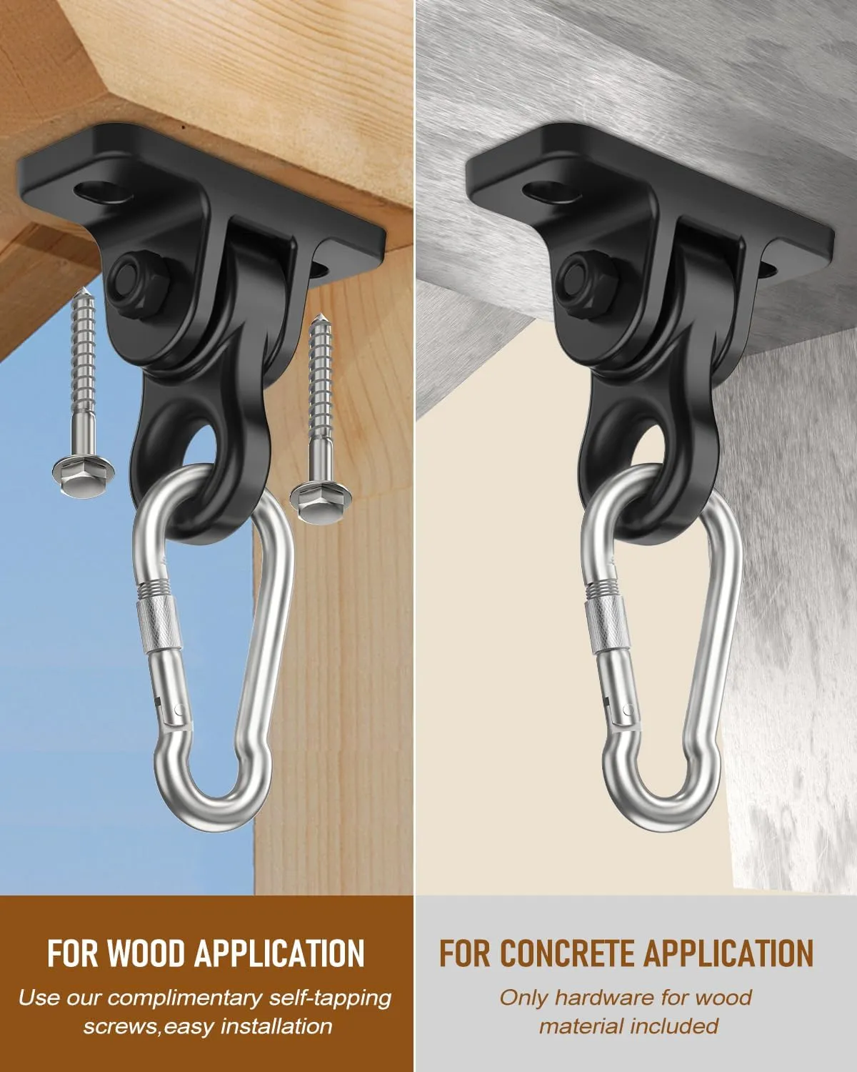 Bolts for Wooden Sets Playground Porch Patio Yoga Seat Indoor Outdoor Hanging Snap Hooks (4 cohesive Pack Black) Heavy Duty Porch Swing Hangers Kit$ with Screws 