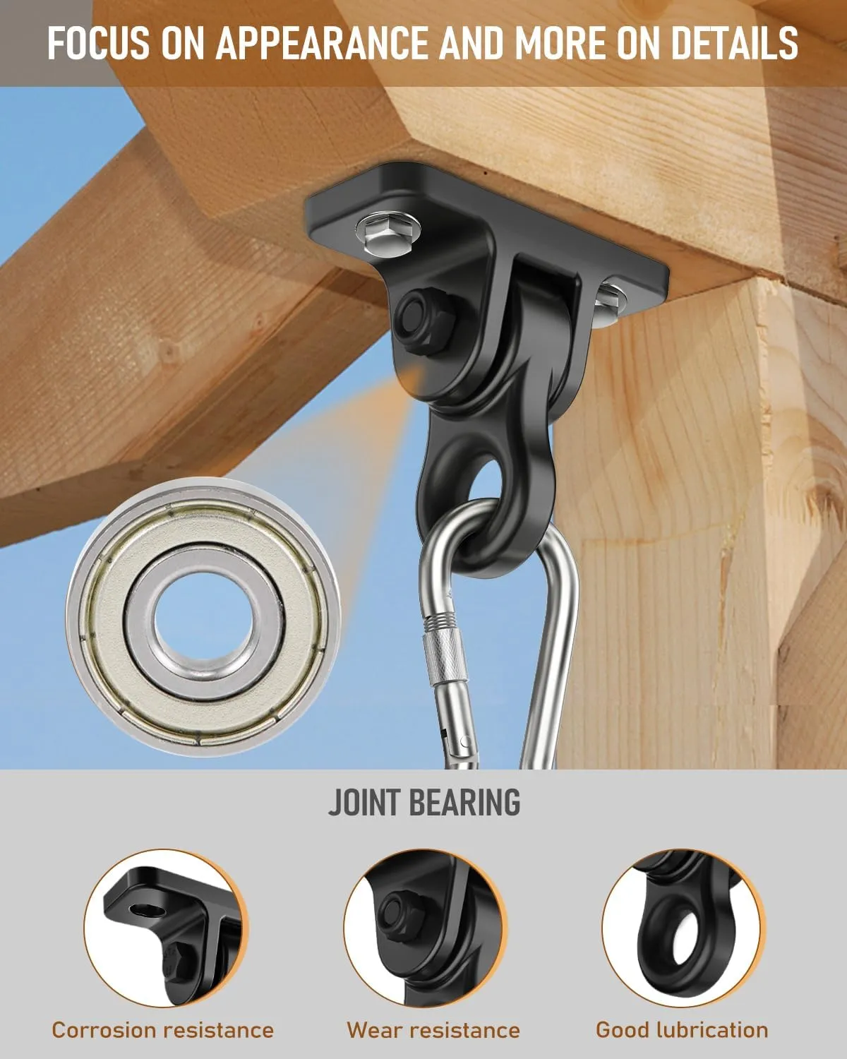 Bolts for Wooden Sets Playground Porch Patio Yoga Seat Indoor Outdoor Hanging Snap Hooks (4 cohesive Pack Black) Heavy Duty Porch Swing Hangers Kit$ with Screws 