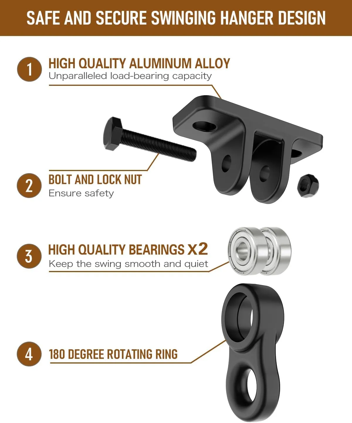 Bolts for Wooden Sets Playground Porch Patio Yoga Seat Indoor Outdoor Hanging Snap Hooks (4 cohesive Pack Black) Heavy Duty Porch Swing Hangers Kit$ with Screws 