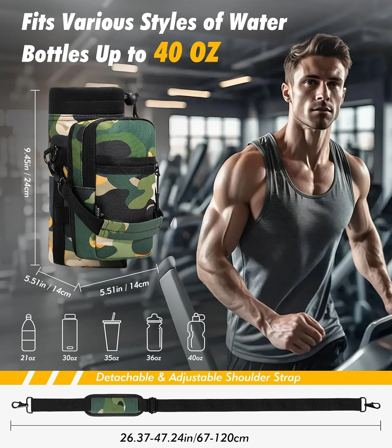 Bottle Carrier Holder with Adjustable Shoulder Strap, 40oz Magnets Magnetic Gym Bag Bottle Pouch Sling, 2 Pocket Sling Neoprene Organizer Sleeve, Camouflage correspondent molecule revolution Green Nuovoware Magnetic Gym Bag Water 