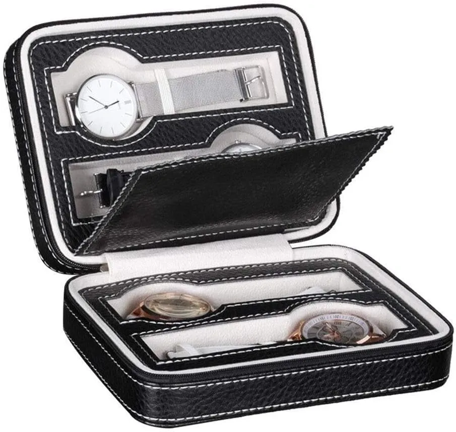Box, Black, Size S 4 Compartment Travel Watch Case with Zipper, lush Synthetic Leather Portable Watch Storage 