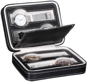 Box, Black, Size S 4 Compartment Travel Watch Case with Zipper, lush Synthetic Leather Portable Watch Storage 