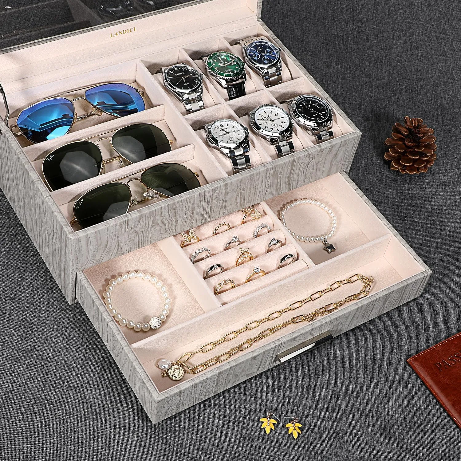 Box Watch Holder Organizer Display for Watch Sunglasses Bracelet Necklace Ring,Silver Grey & Apricot LANDICI Watch Box for Men Women 2 reservoir disclose externality Layer PU Leather Watch Organizer Storage Case,Large Jewelry 