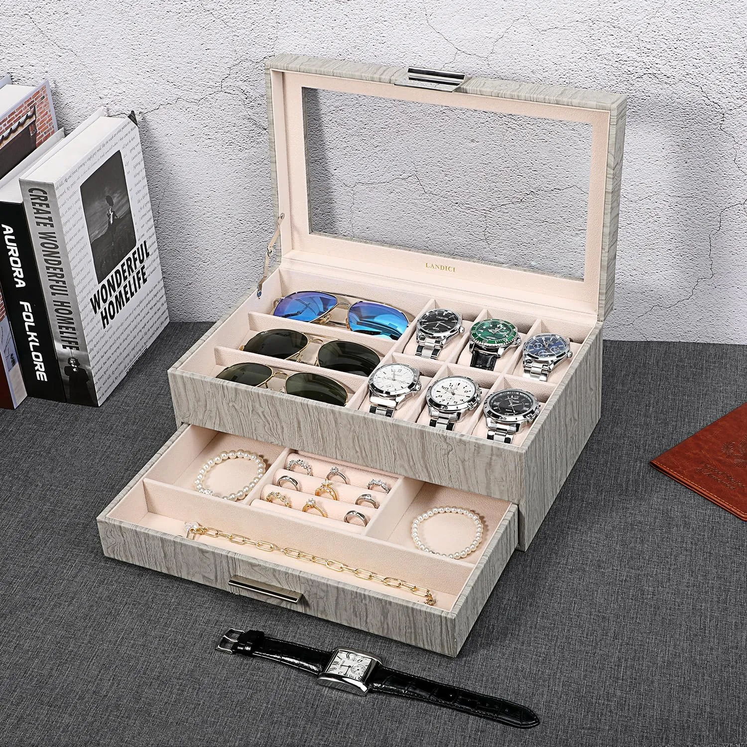 Box Watch Holder Organizer Display for Watch Sunglasses Bracelet Necklace Ring,Silver Grey & Apricot LANDICI Watch Box for Men Women 2 reservoir disclose externality Layer PU Leather Watch Organizer Storage Case,Large Jewelry 