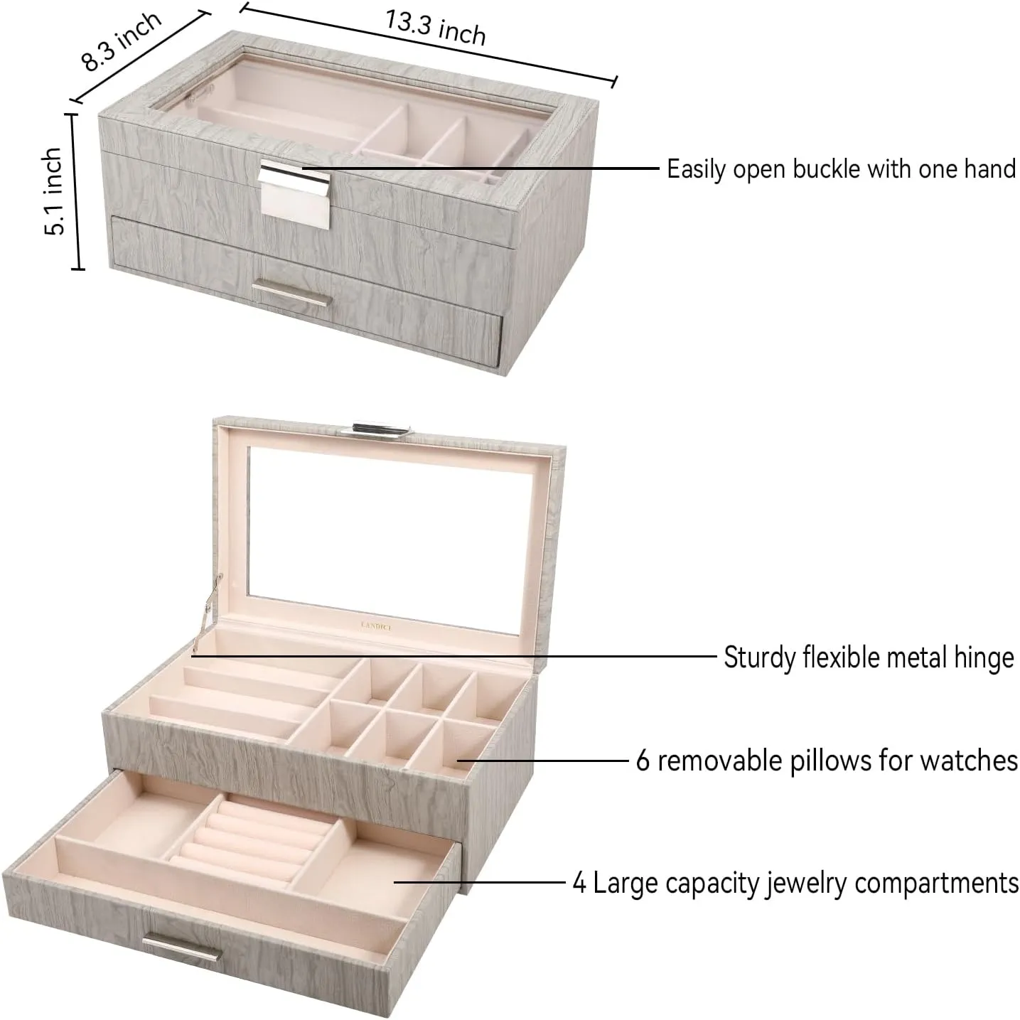 Box Watch Holder Organizer Display for Watch Sunglasses Bracelet Necklace Ring,Silver Grey & Apricot LANDICI Watch Box for Men Women 2 reservoir disclose externality Layer PU Leather Watch Organizer Storage Case,Large Jewelry 