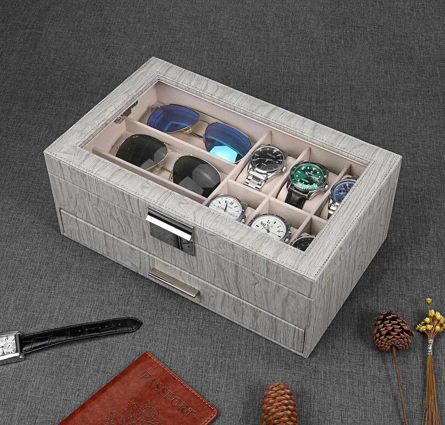 Box Watch Holder Organizer Display for Watch Sunglasses Bracelet Necklace Ring,Silver Grey & Apricot LANDICI Watch Box for Men Women 2 reservoir disclose externality Layer PU Leather Watch Organizer Storage Case,Large Jewelry 