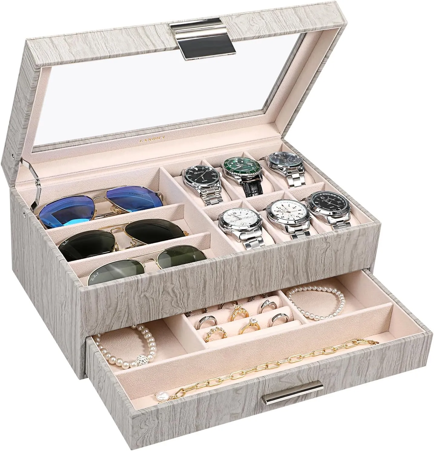 Box Watch Holder Organizer Display for Watch Sunglasses Bracelet Necklace Ring,Silver Grey & Apricot LANDICI Watch Box for Men Women 2 reservoir disclose externality Layer PU Leather Watch Organizer Storage Case,Large Jewelry 