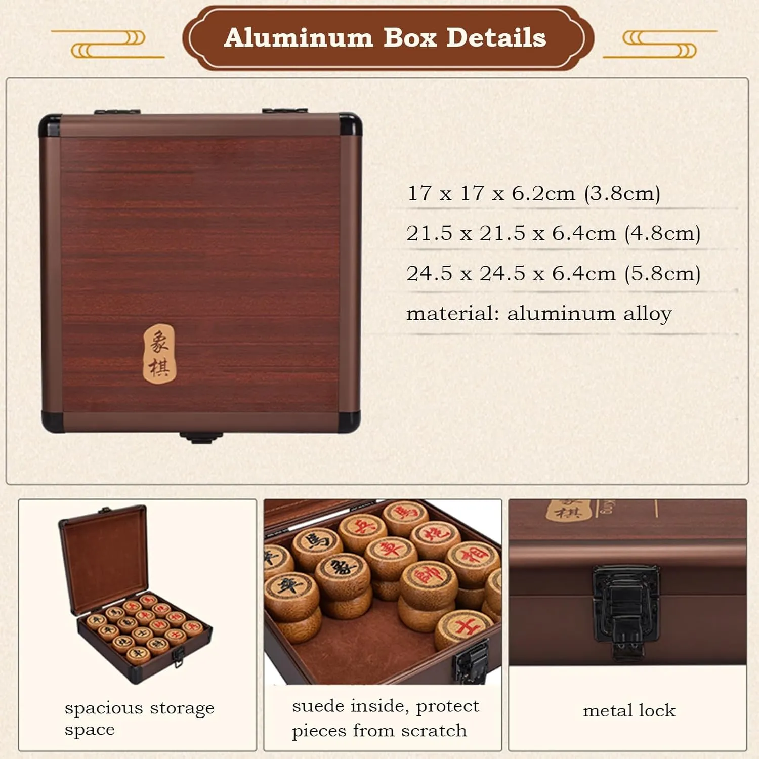 Box(Aluminum box,4.8cm/1.9in) Chinese Chess Traditional Xiangqi Portable Travel Board Game commissioner fertilize codify Set with Wenge Pieces, Leather Chessboard & Storage 