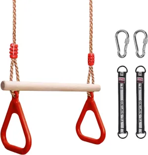 Buckle Straps for Ninja Warrior Obstacle Course Trapeze Bar for Swing Set, Indoor & Outdoor momentous bubbly Trapeze (Red) Trapeze Swing Bar for Kids, Wooden Swing Set Hanging Bar with Plastic Gym Rings, 2 