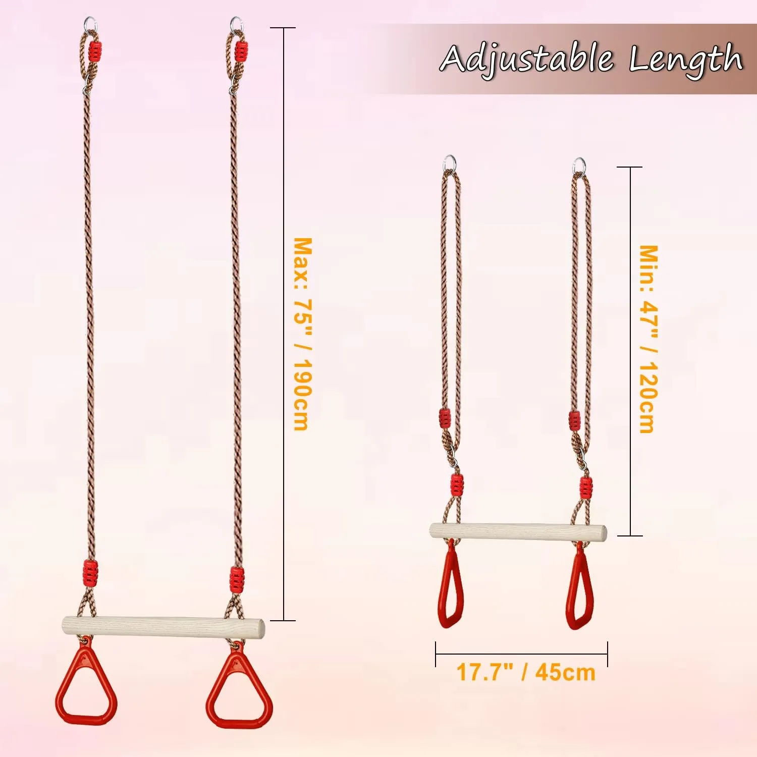 Buckle Straps for Ninja Warrior Obstacle Course Trapeze Bar for Swing Set, Indoor & Outdoor momentous bubbly Trapeze (Red) Trapeze Swing Bar for Kids, Wooden Swing Set Hanging Bar with Plastic Gym Rings, 2 