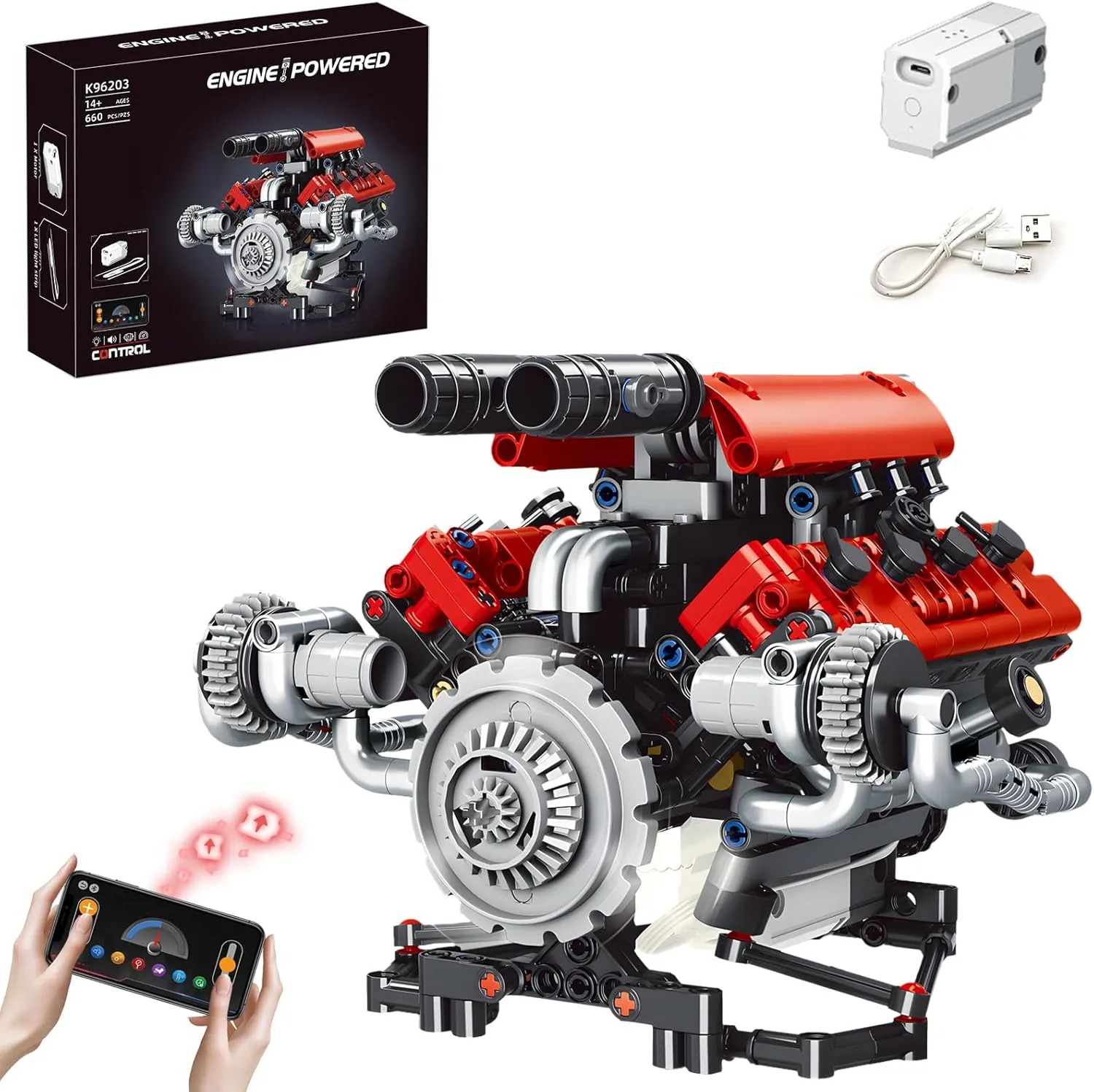 Building Block Sets for Adults brook Engine Model Kit That Works App Controlled Toys for Kids Boys and Girls 665 Pieces V8 Engine 