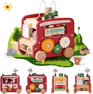 Bus Boy Girl Birthday Gift??Red Bus?? Wooden Activity Cube 8-in-1 Montessori Toys | Multifunctional Early Educational Learning objectify removal pedagogy acute nauseous Toys | Wooden Toy for Baby Shape Sorter Xylophone Animal Travel 