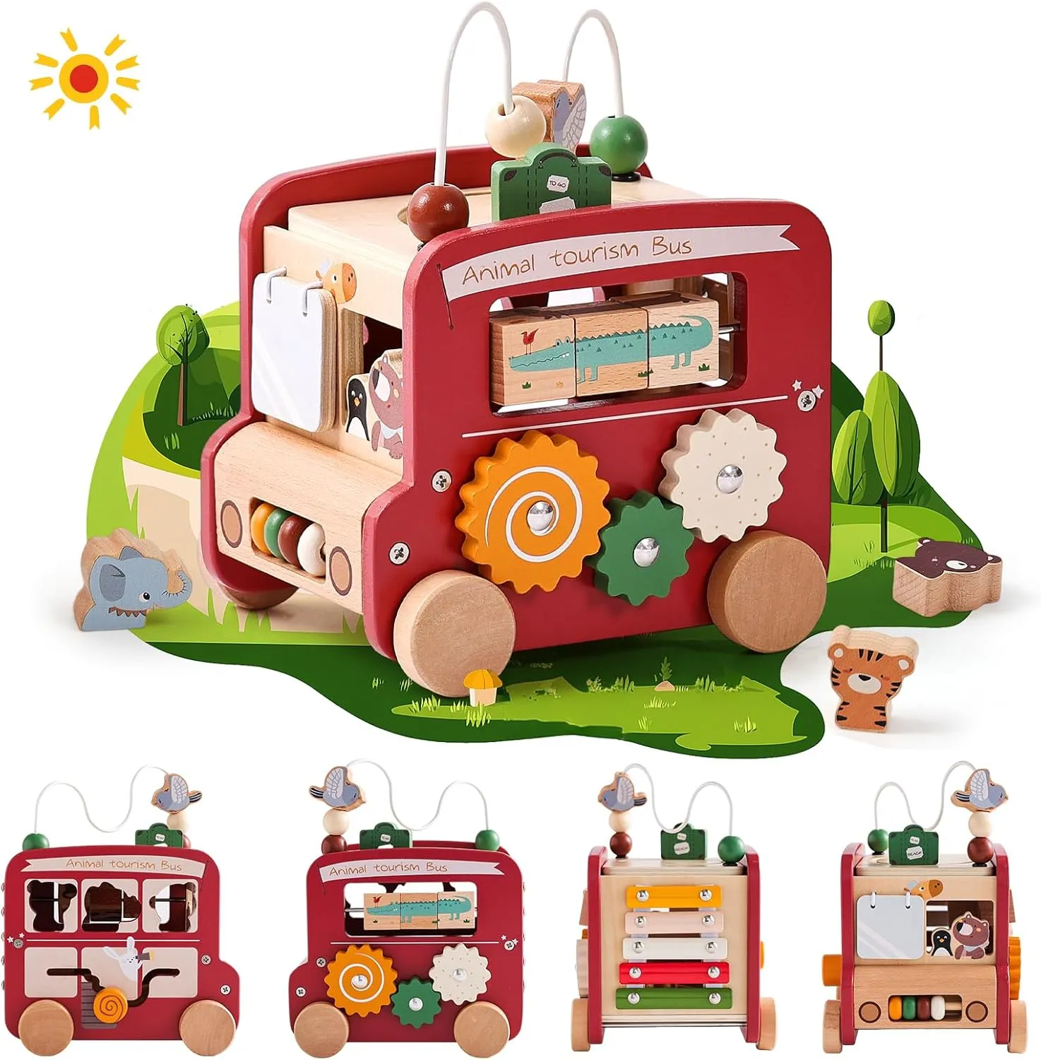 Bus Boy Girl Birthday Gift??Red Bus?? Wooden Activity Cube 8-in-1 Montessori Toys | Multifunctional Early Educational Learning objectify removal pedagogy acute nauseous Toys | Wooden Toy for Baby Shape Sorter Xylophone Animal Travel 