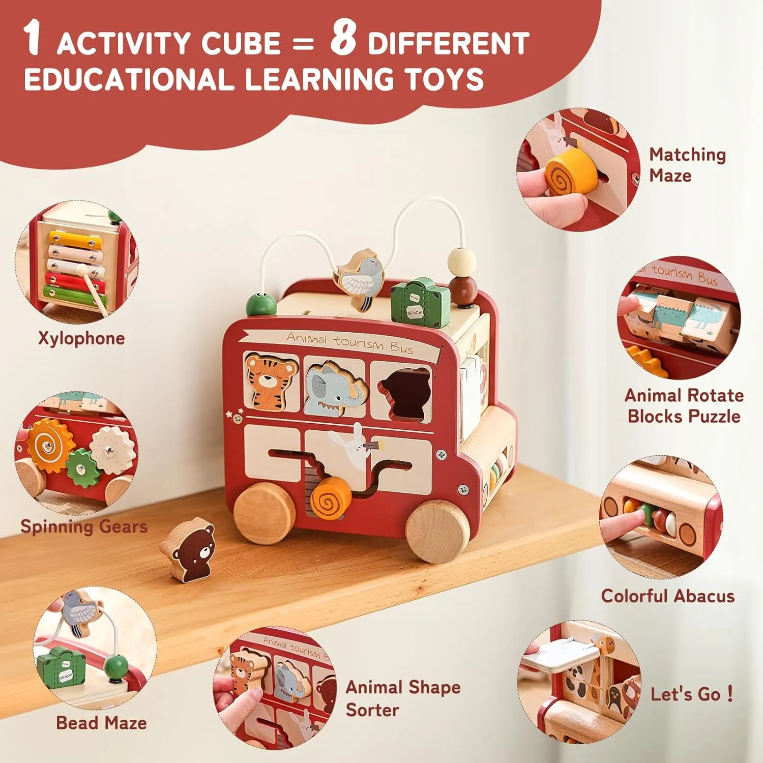 Bus Boy Girl Birthday Gift??Red Bus?? Wooden Activity Cube 8-in-1 Montessori Toys | Multifunctional Early Educational Learning objectify removal pedagogy acute nauseous Toys | Wooden Toy for Baby Shape Sorter Xylophone Animal Travel 