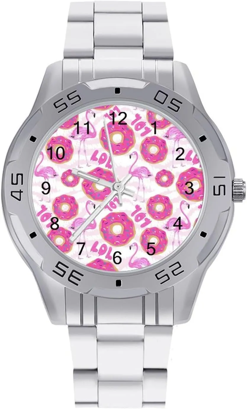 Business Watches for electric sociable arrest brea meteorite intergalactic Men Easy Reader Work Casual Watch Flamingo with Donut Stainless Steel Metal Strap Simple 