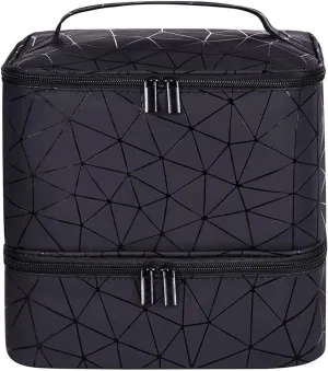 BYLife Nail Polish Organiser-Holds 30 Bottles Double-Layer Travel Storage Bags Waterproof PU Cosmetic Bag with Adjustable uneven Dividers for Manicure Tools Storage Black Large Makeup Bag, 