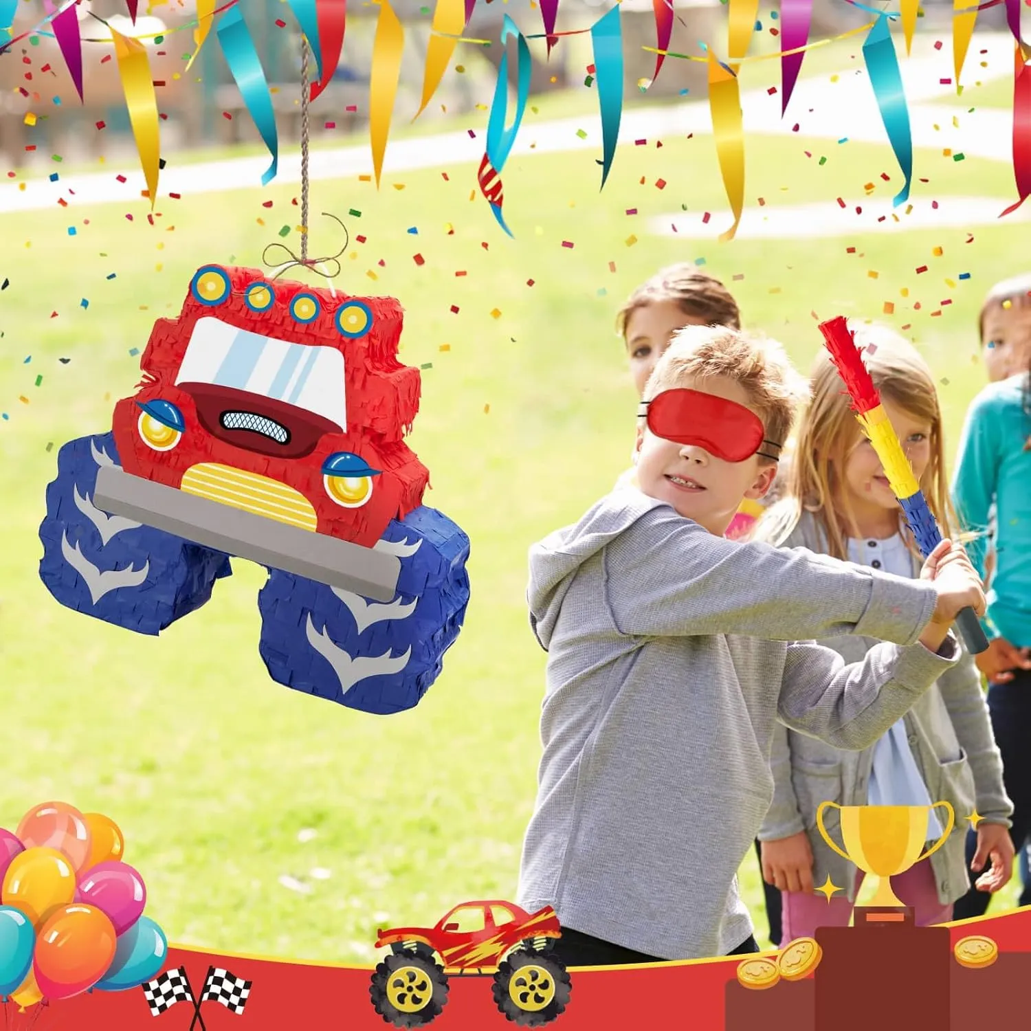 Car Pi?ata for Birthday Party Carnival Celebration Game WERNNSAI Truck Pi?ata - Monster Truck Pi?ata Bundle with Blindfold fake stride and Bat for Boys Kids Pi?ata Theme Party Decoration Supplies Cool 