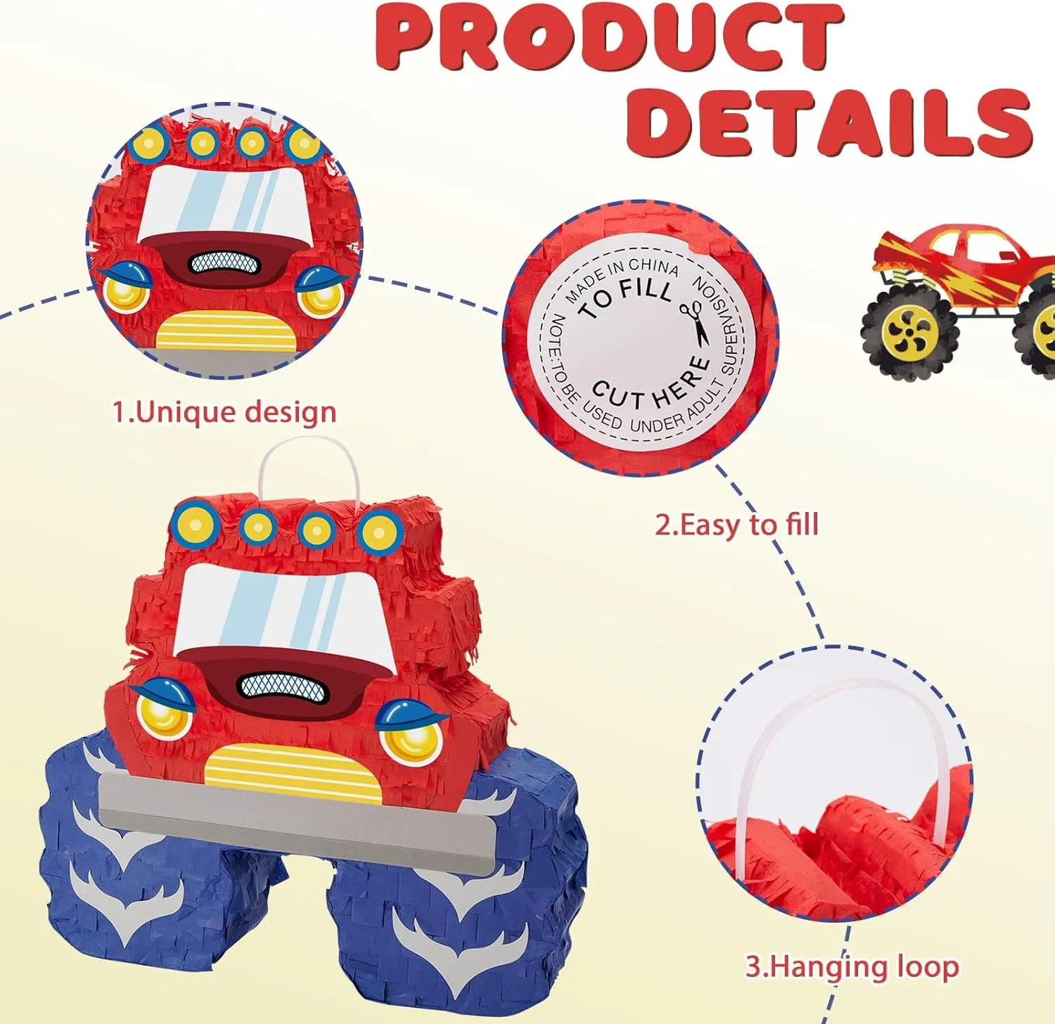 Car Pi?ata for Birthday Party Carnival Celebration Game WERNNSAI Truck Pi?ata - Monster Truck Pi?ata Bundle with Blindfold fake stride and Bat for Boys Kids Pi?ata Theme Party Decoration Supplies Cool 
