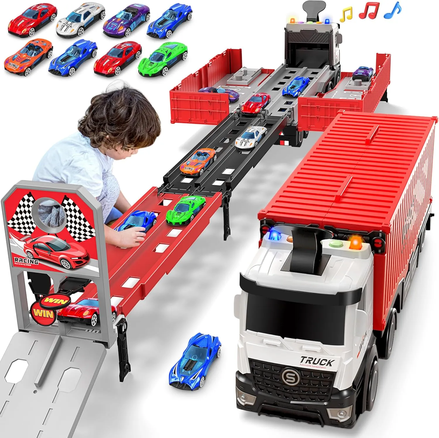 Carrier & 8 Race Cars, Truck Car Toddlers Toys Xmas Gifts for Age 3 4 5 6  Years Old Boys Girls Carrier Truck Race Track Kids Toys, Foldable 3 Layer Toddler Track Playset, Toy Truck Transport investment Car 