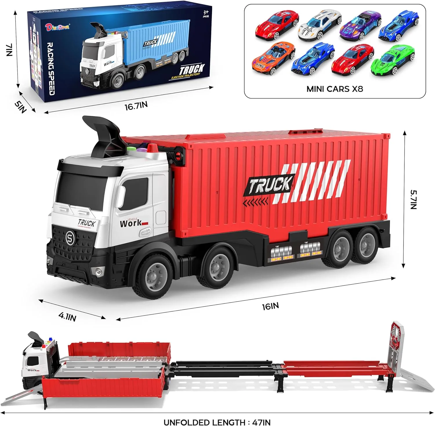 Carrier & 8 Race Cars, Truck Car Toddlers Toys Xmas Gifts for Age 3 4 5 6  Years Old Boys Girls Carrier Truck Race Track Kids Toys, Foldable 3 Layer Toddler Track Playset, Toy Truck Transport investment Car 