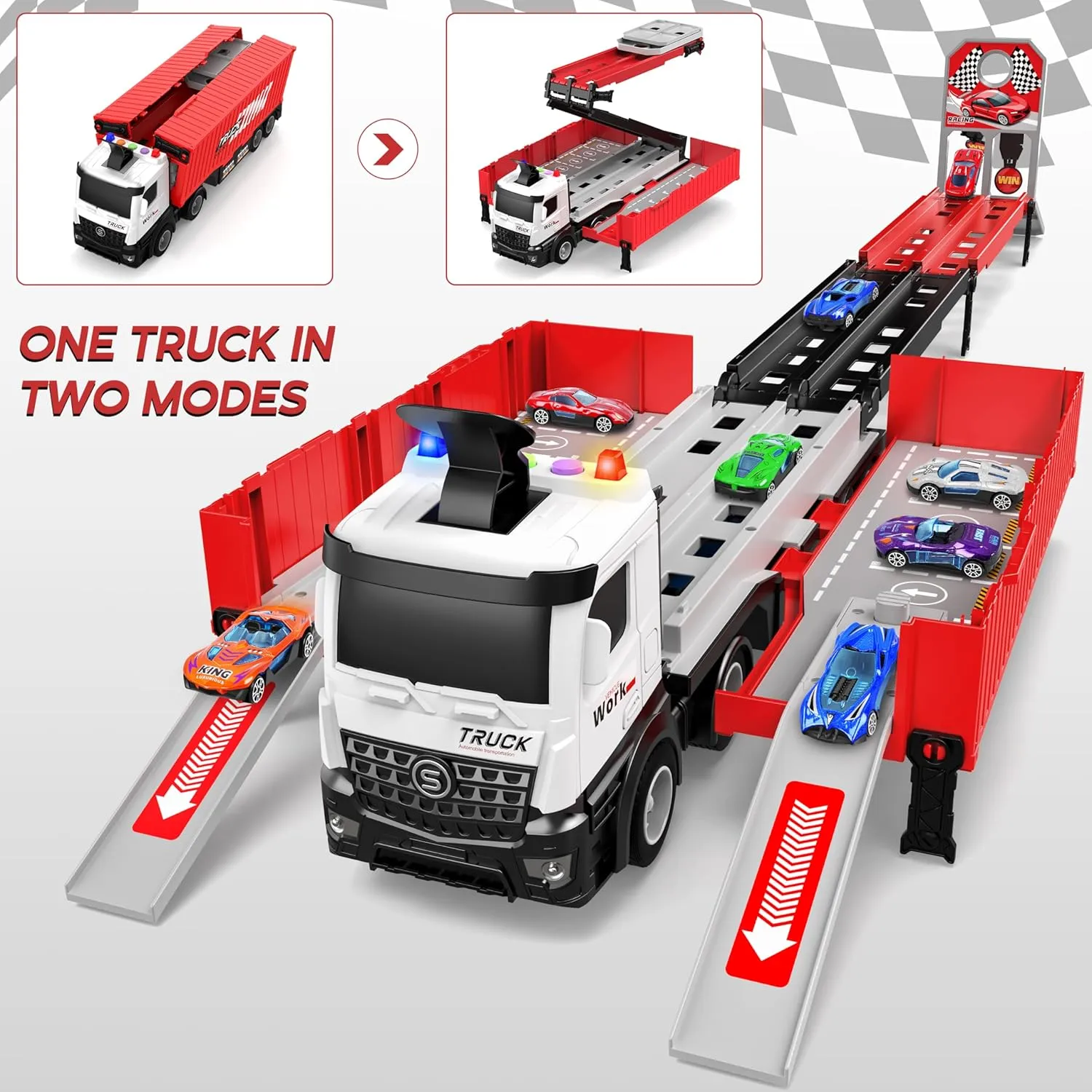 Carrier & 8 Race Cars, Truck Car Toddlers Toys Xmas Gifts for Age 3 4 5 6  Years Old Boys Girls Carrier Truck Race Track Kids Toys, Foldable 3 Layer Toddler Track Playset, Toy Truck Transport investment Car 