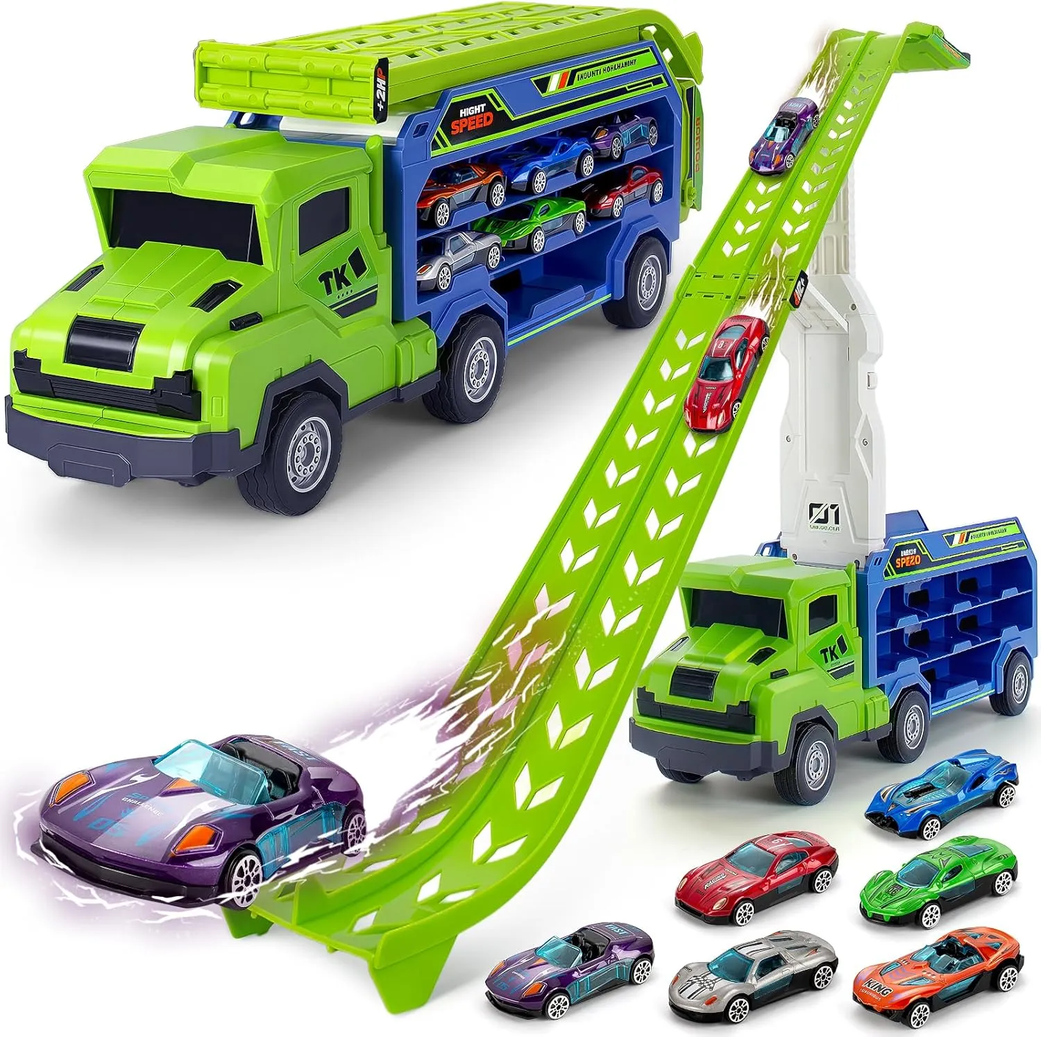 Carrier Truck Transport Car Toys, Foldable 2 Layer Car Race Track Playset with 25-in Race Track, 6 Metal Toy Cars, Birthday Toy wireless Gift for Toddler Boys Girls Kids Toys for 3 4 5 6 7 8 Years Old Boys, 