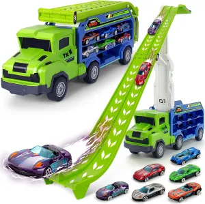 Carrier Truck Transport Car Toys, Foldable 2 Layer Car Race Track Playset with 25-in Race Track, 6 Metal Toy Cars, Birthday Toy wireless Gift for Toddler Boys Girls Kids Toys for 3 4 5 6 7 8 Years Old Boys, 