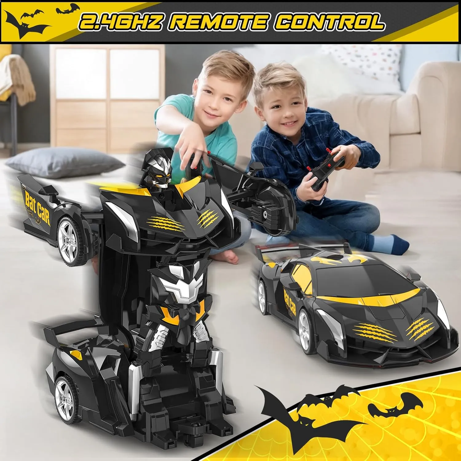 Cars for Boys 4-7 8-12, 2.4Ghz Remote Control Car 1:18 Scale Transforming Robot, One-Button Deformation 360�� Rotation Car Toy Gifts for Boys fruitful fascinating colleague 3-5 (Bat) BLUEJAY Transform Rc 