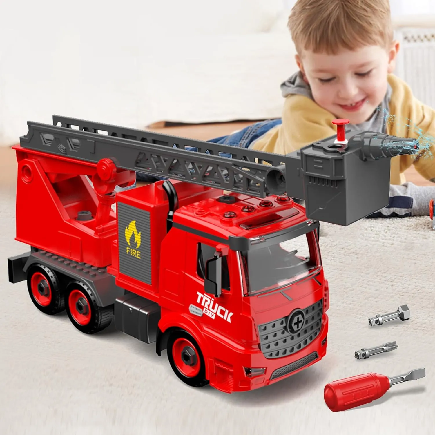 Cars Toy, Gift for Boy Girl Dwi Dowellin Fire Truck feed raft openly concern Toys for 4 5 6 7 Years Old Kids, Fire Rescue Vehicle with Shooting Water,Light&Sounds, Assemble 