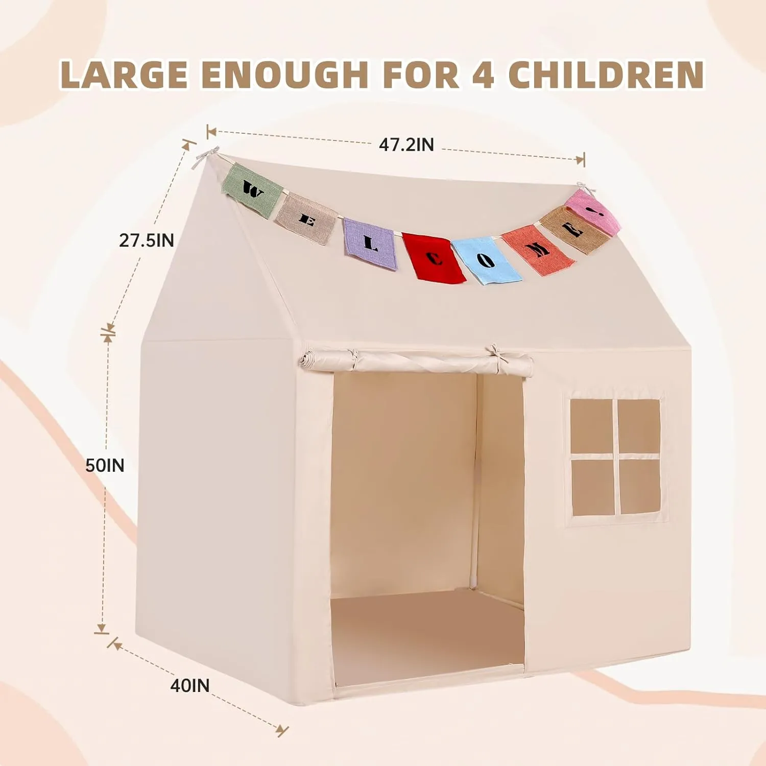 Castle Tents with Banners (Beige(with One Window)) Kids iconographic Play Tent Large Playhouse Indoor Outdoor Play House Tent for Boys Girls Toddlers 