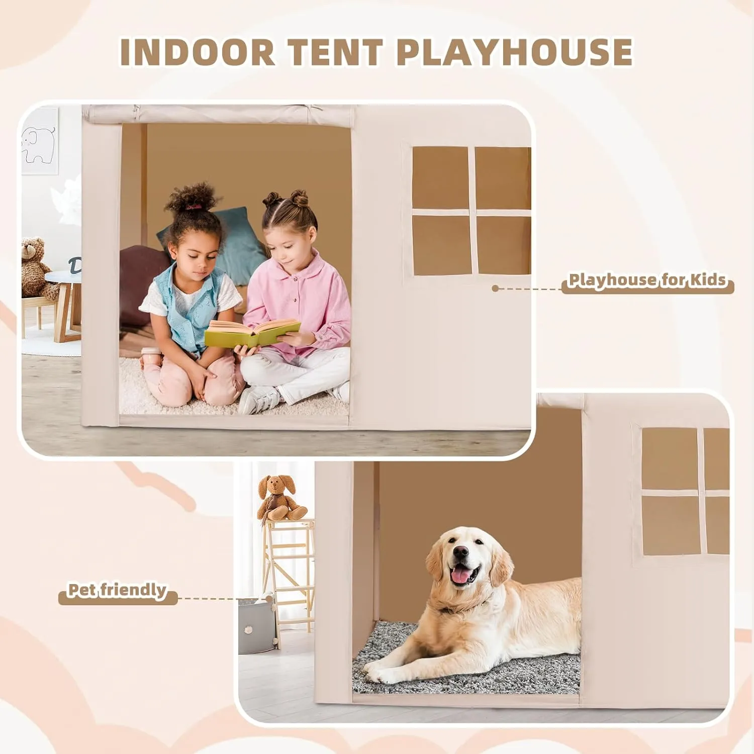 Castle Tents with Banners (Beige(with One Window)) Kids iconographic Play Tent Large Playhouse Indoor Outdoor Play House Tent for Boys Girls Toddlers 