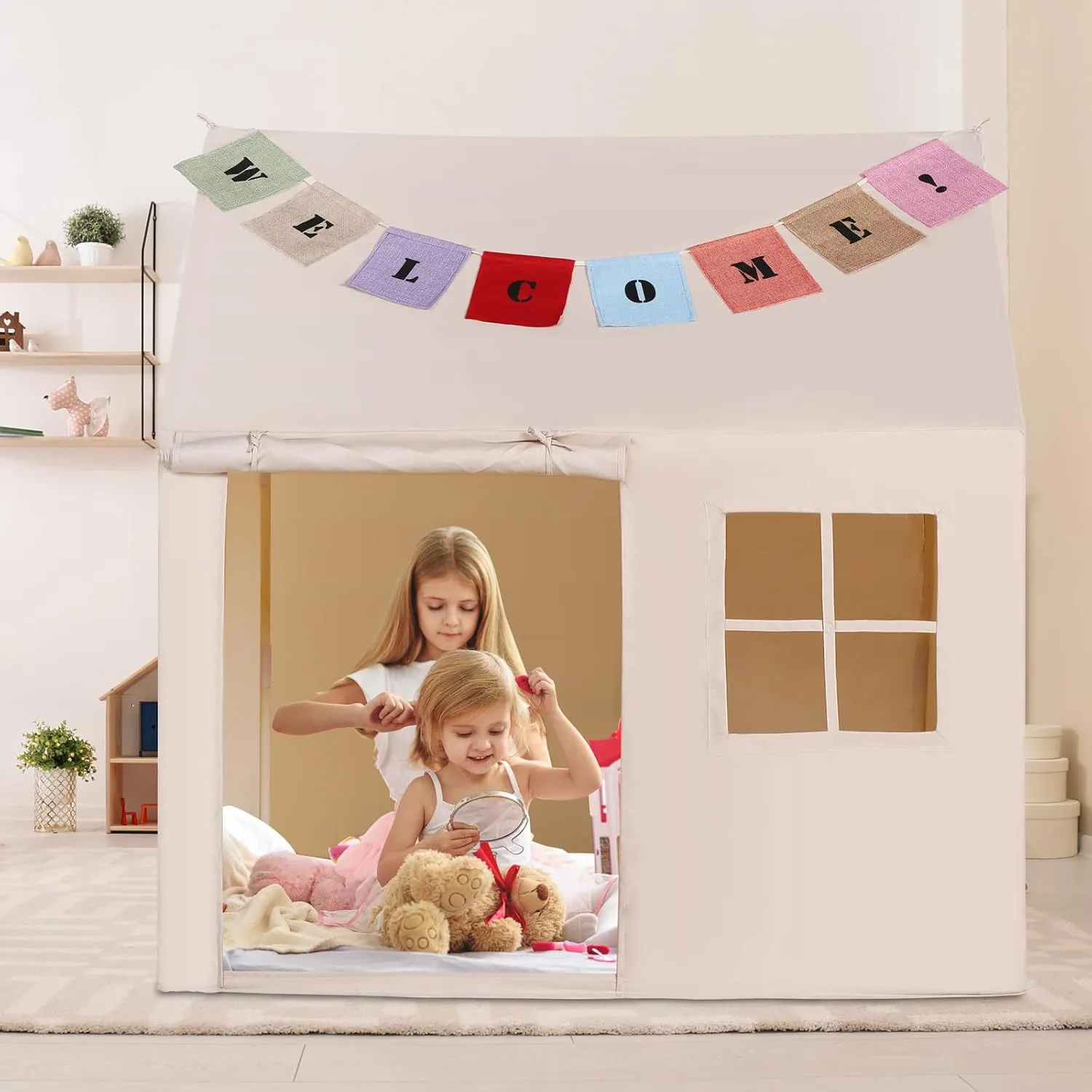 Castle Tents with Banners (Beige(with One Window)) Kids iconographic Play Tent Large Playhouse Indoor Outdoor Play House Tent for Boys Girls Toddlers 