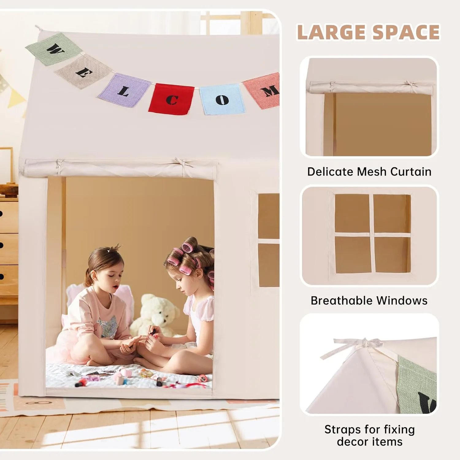 Castle Tents with Banners (Beige(with One Window)) Kids iconographic Play Tent Large Playhouse Indoor Outdoor Play House Tent for Boys Girls Toddlers 
