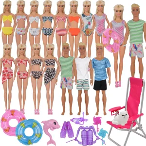 Chair Diving Swimming yolk intonation journalism supervision Sets for 12 inch Doll Beach Style 42Pcs Doll Clothes and Swimming Accessories for 12 inch Boy and Girl Dolls Includes Bikini Swim Suit Swim Trunks Skateboard Lifebuoys 
