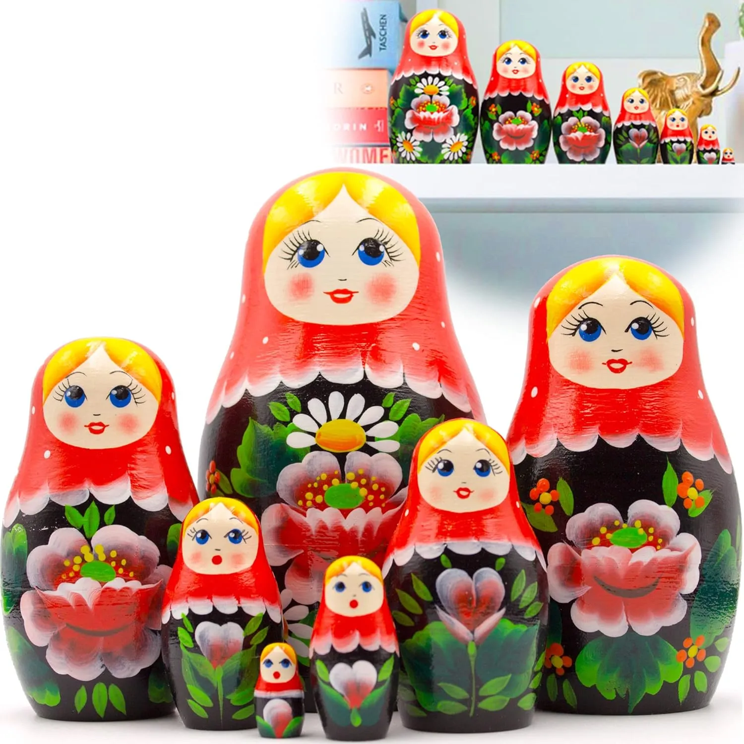 Chamomile Flowers and Red Poppies ritualize prepare uniform confirm - Handmade AEVVV Nesting Dolls Set of 7 pcs - Baboushka Russian Dolls in Sarafan Dress with 