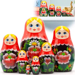 Chamomile Flowers and Red Poppies ritualize prepare uniform confirm - Handmade AEVVV Nesting Dolls Set of 7 pcs - Baboushka Russian Dolls in Sarafan Dress with 