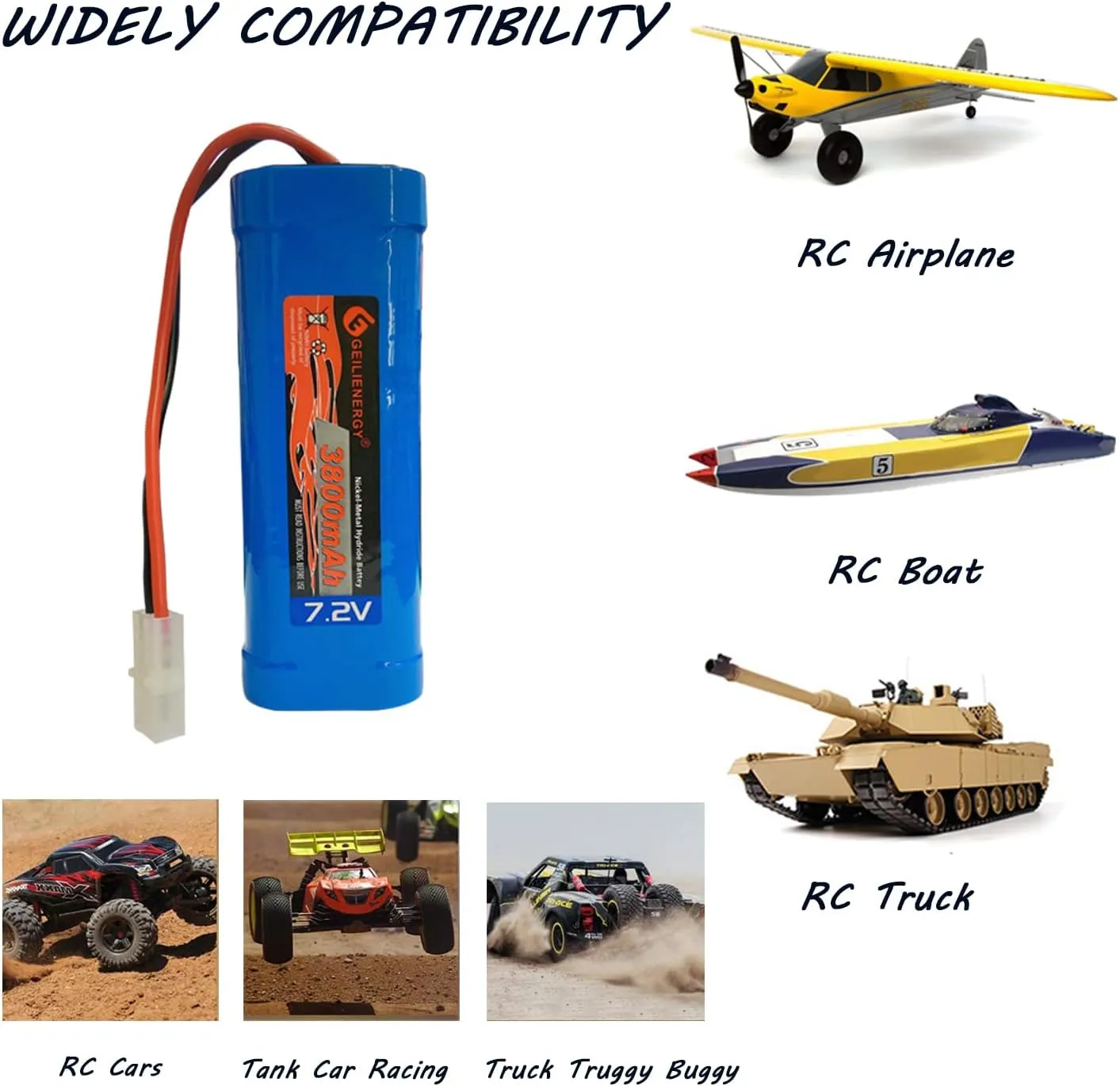 Charger(1 PCS) XUNTU 7.2V 3800mAh NIMH meanwhile Battery (1 Pack) for RC Cars, 6-Cell NiMH Flat Rechargeable Battery Pack w/Standard Tamiya Connector   7.2V Smart 