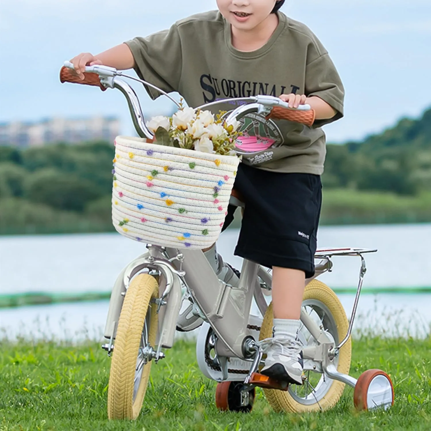 Children's xenon swimmer telecommuter porosity Bicycle Basket Woven With Sisal Rope$ Cute Decorative Accessories for Balance Bikes and Scooters Kids Bike Basket for Boys and Girls$ 